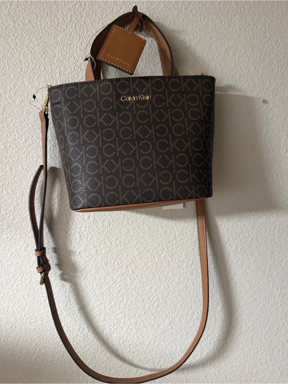 Calvin Klein Brown Monogram Crossbody Bag with Tan Trim